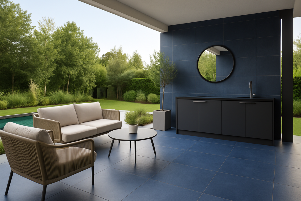 Área externa com varanda elegante revestida em porcelanato azul, mobiliário moderno e vista para piscina e jardim.
