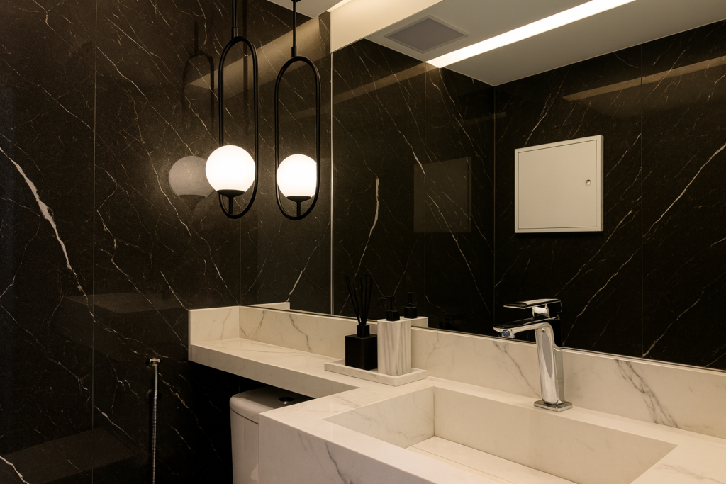 Porcelanato que Imita Mármore Preto: Elegância e Sofisticação para Seu Ambiente 3 Banheiro moderno e luxuoso com paredes em porcelanato preto marmorizado e bancada branca elegante.