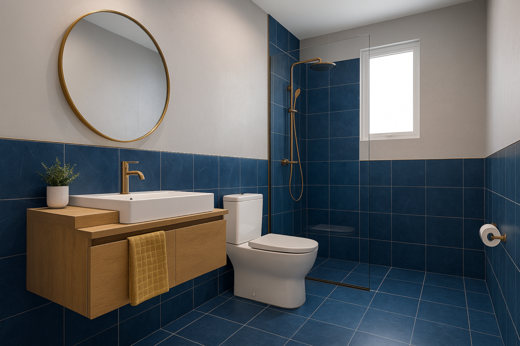 Lavabo moderno com porcelanato azul nas paredes, bancada elegante e iluminação sofisticada.