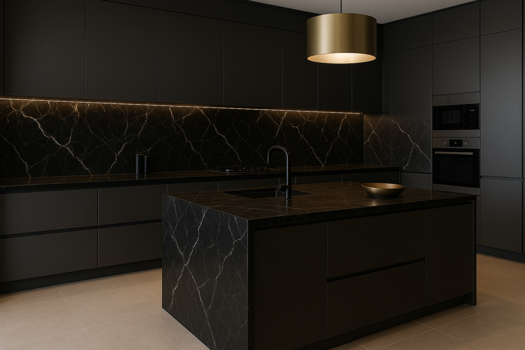 Porcelanato que Imita Mármore Preto: Elegância e Sofisticação para Seu Ambiente 2 Cozinha moderna com porcelanato preto marmorizado na parede, bancada de luxo e iluminação elegante.