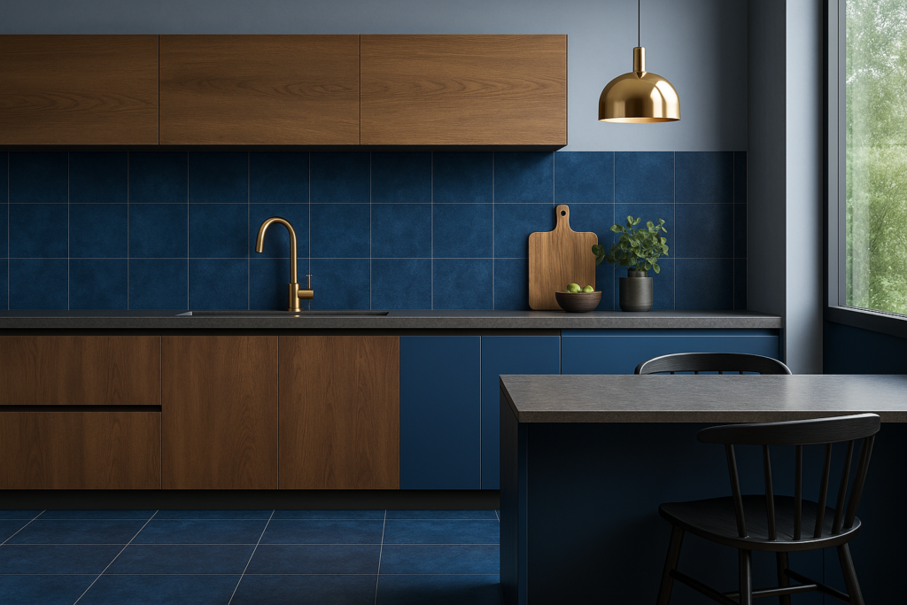 Cozinha moderna com porcelanato azul em piso e parede