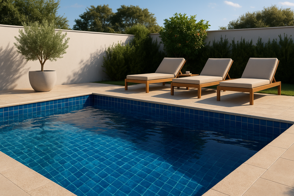 Piscina moderna revestida com porcelanato azul sofisticado