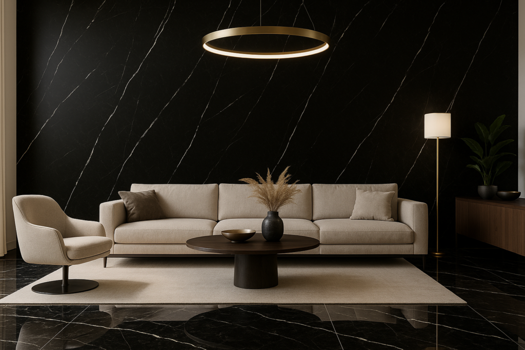 Porcelanato que Imita Mármore Preto: Elegância e Sofisticação para Seu Ambiente 5 Sala moderna e sofisticada com parede em porcelanato preto marmorizado, sofá bege, mesa de centro de madeira e iluminação luxuosa dourada.