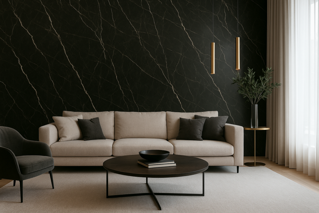 Porcelanato que Imita Mármore Preto: Elegância e Sofisticação para Seu Ambiente 4 Sala moderna e luxuosa com parede em porcelanato preto marmorizado e decoração sofisticada.