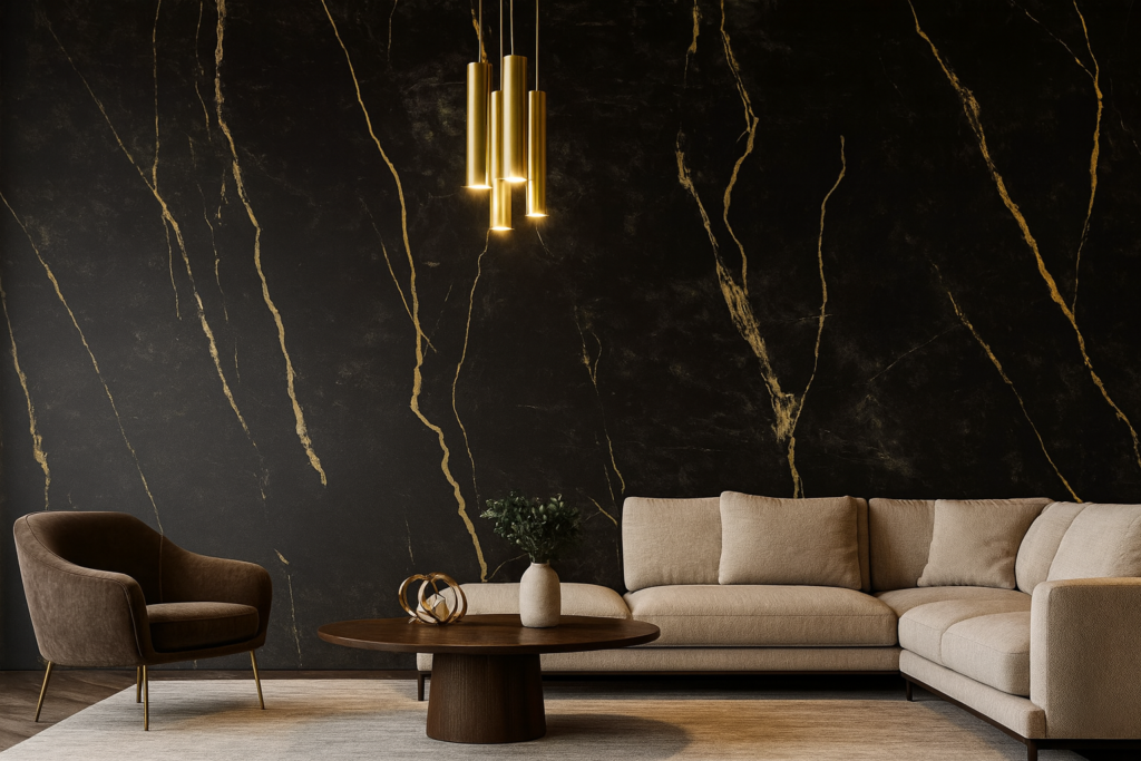 Porcelanato que Imita Mármore Preto: Elegância e Sofisticação para Seu Ambiente 6 Sala elegante e luxuosa com parede em porcelanato preto marmorizado com veios dourados, sofá bege e detalhes sofisticados na decoração.