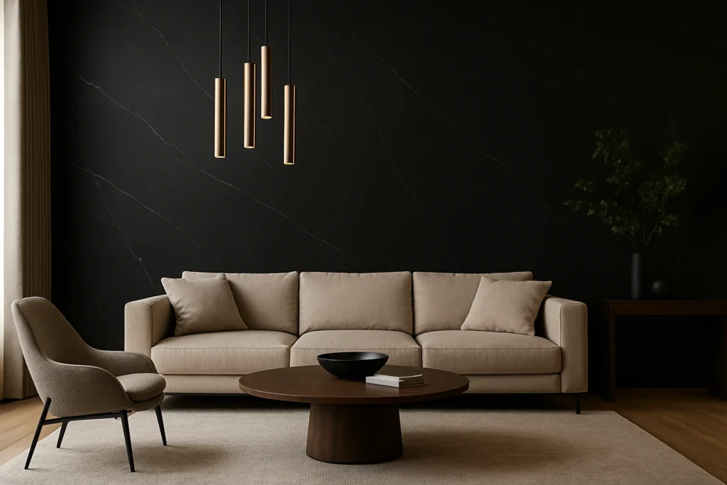 Porcelanato que Imita Mármore Preto: Elegância e Sofisticação para Seu Ambiente 7 Sala luxuosa e sofisticada com parede em porcelanato preto marmorizado fosco, sofá bege e detalhes elegantes na decoração.