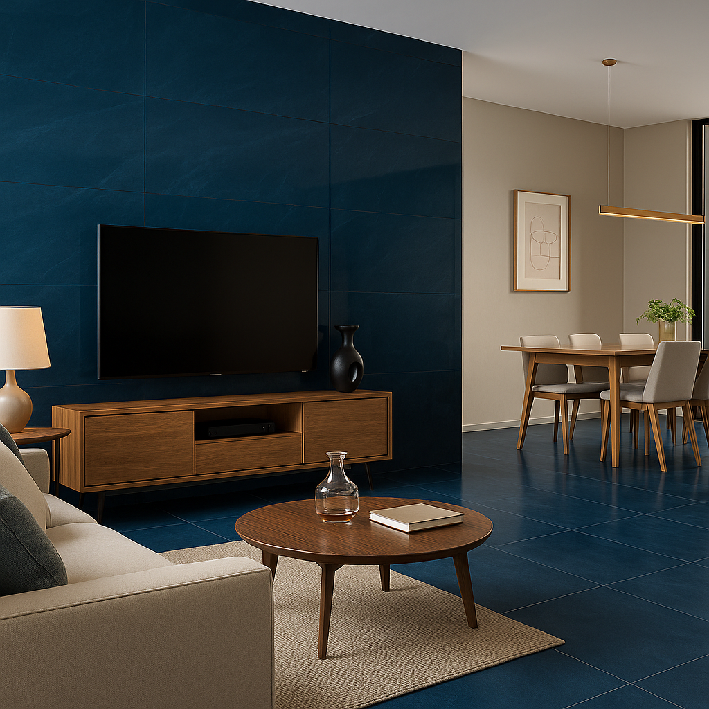 Sala de estar moderna integrada com jantar e porcelanato azul