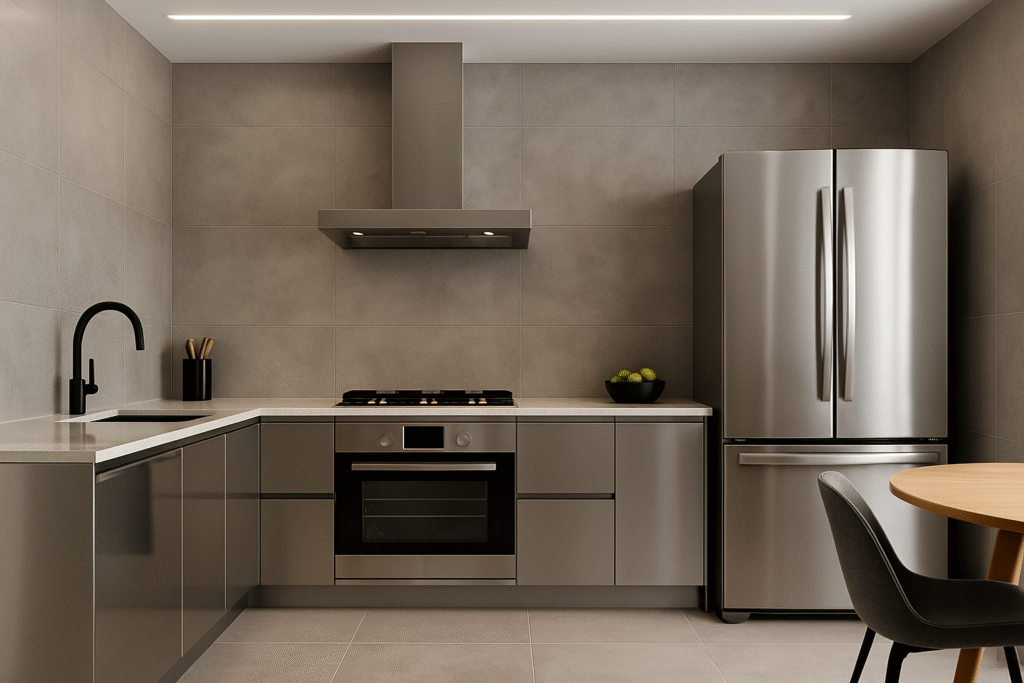 Cozinha moderna com parede de porcelanato cimento queimado e móveis inox