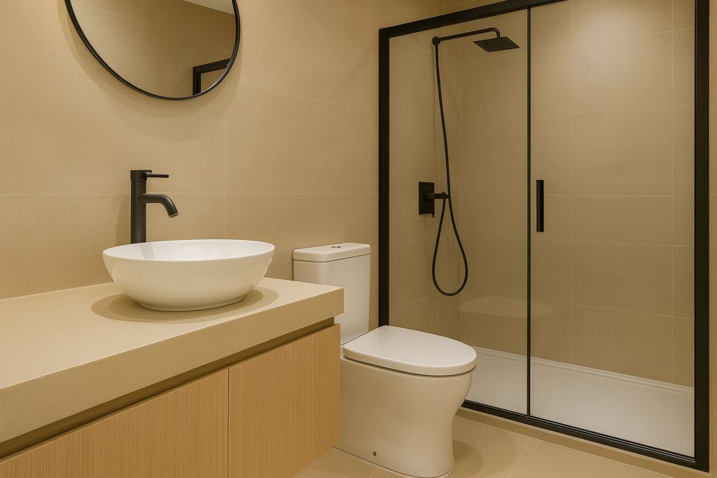 Banheiro Pequeno e Moderno: 10 Ideias Criativas para Inspirar Seu Projeto 8 Banheiro pequeno e moderno com cuba de apoio branca, vaso sanitário slim e box com moldura e ducha em preto fosco.