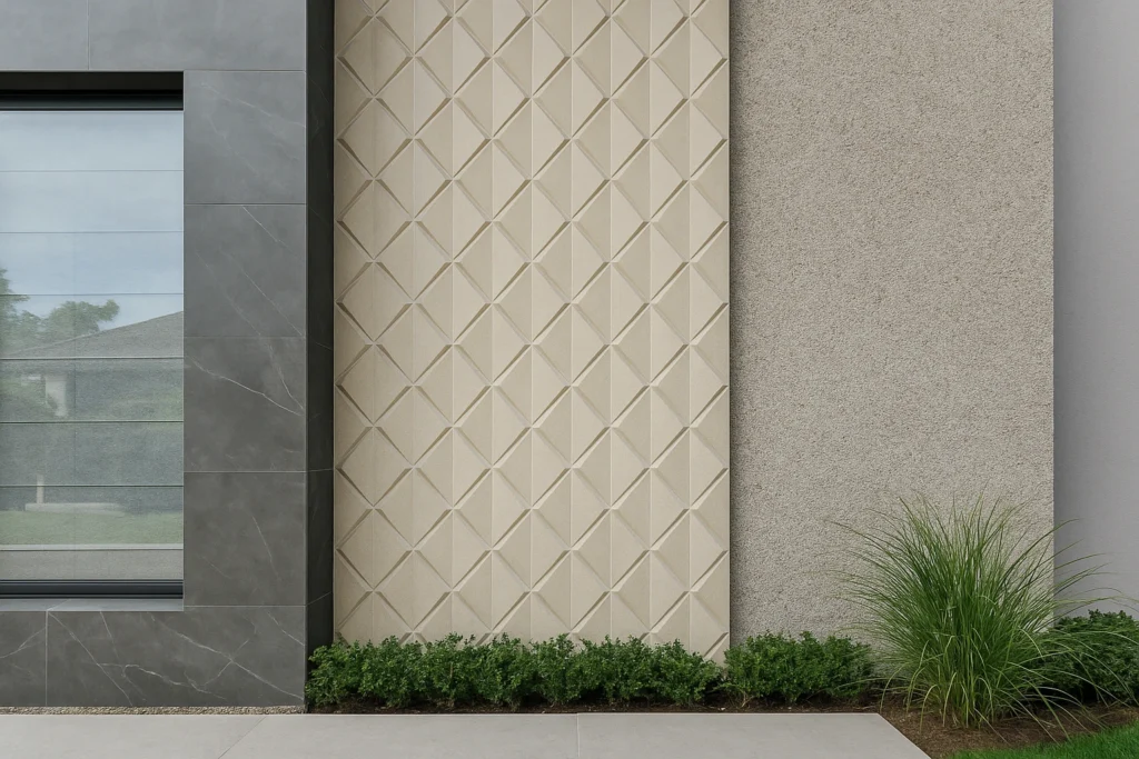 Porcelanato para Fachada Exterior: Beleza, Durabilidade e Sofisticação 9 Fachada moderna com porcelanato para frente de casa em tons amadeirados e cinza, combinando revestimentos cerâmicos sofisticados.