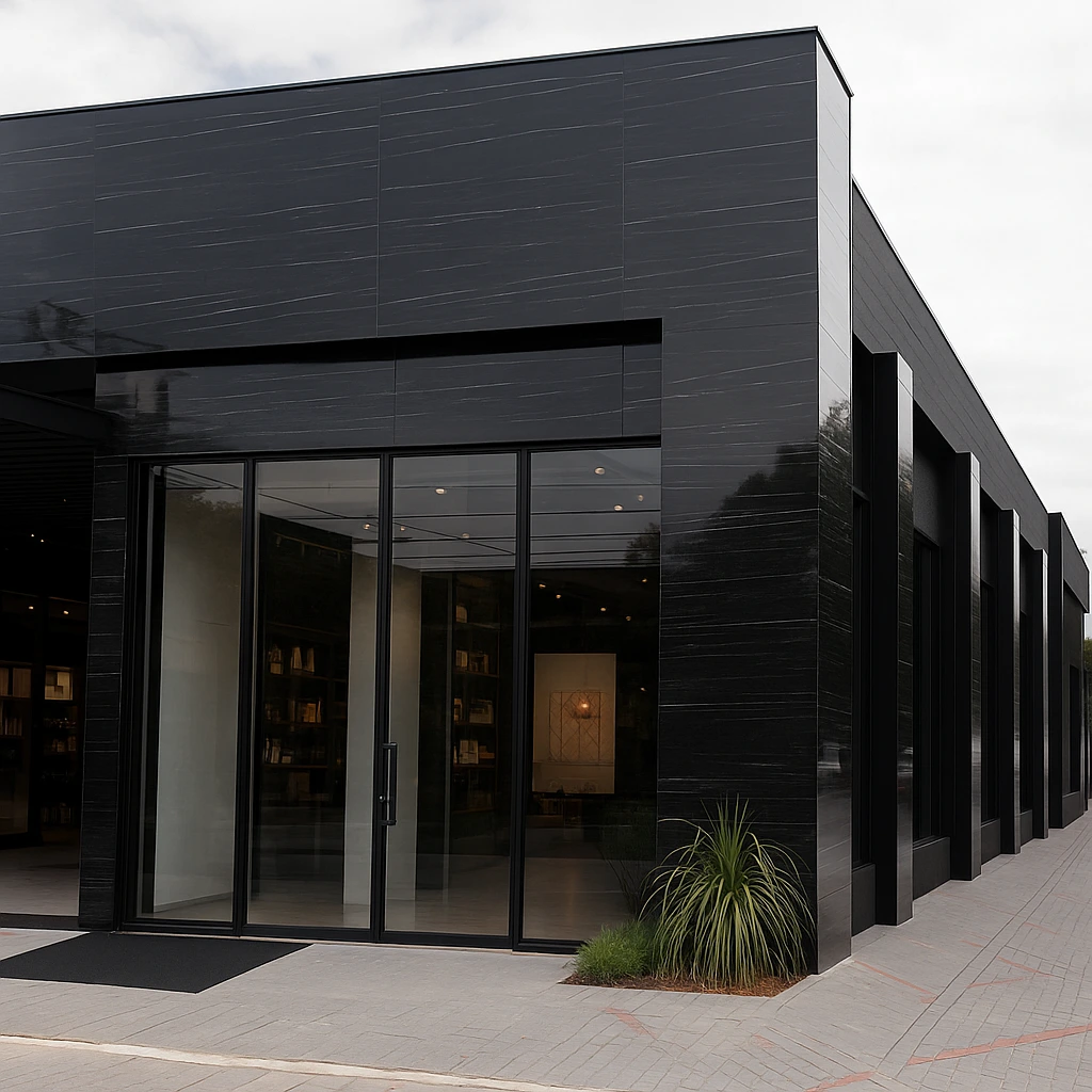 Porcelanato para Fachada Exterior: Beleza, Durabilidade e Sofisticação 8 Fachada de loja moderna com revestimento em porcelanato preto de alto brilho.