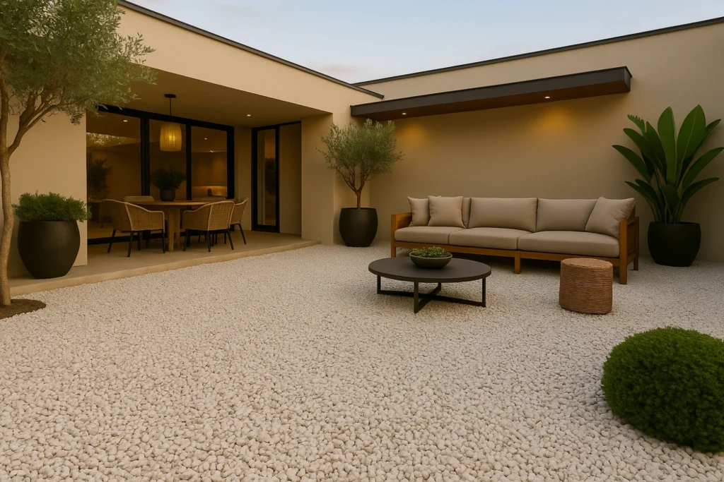 Ideias de Piso para Área Externa: Transforme seu Quintal com Estilo e Praticidade 4 Área externa moderna com pedras naturais brancas no piso, sofá elegante, mesa de centro sofisticada e paisagismo tropical, transmitindo luxo, sofisticação e aconchego.