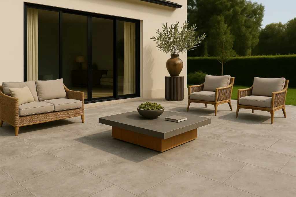 Ideias de Piso para Área Externa: Transforme seu Quintal com Estilo e Praticidade 2 Área externa moderna com porcelanato cimentício cinza, sofá e poltronas de fibra natural, mesa de centro sofisticada e paisagismo com vaso decorativo, transmitindo luxo e conforto.