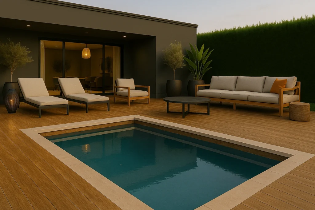 Ideias de Piso para Área Externa: Transforme seu Quintal com Estilo e Praticidade 3 Área externa luxuosa com piscina, piso em porcelanato amadeirado, sofás e espreguiçadeiras modernas, mesa de centro sofisticada e paisagismo tropical, transmitindo aconchego e sofisticação.
