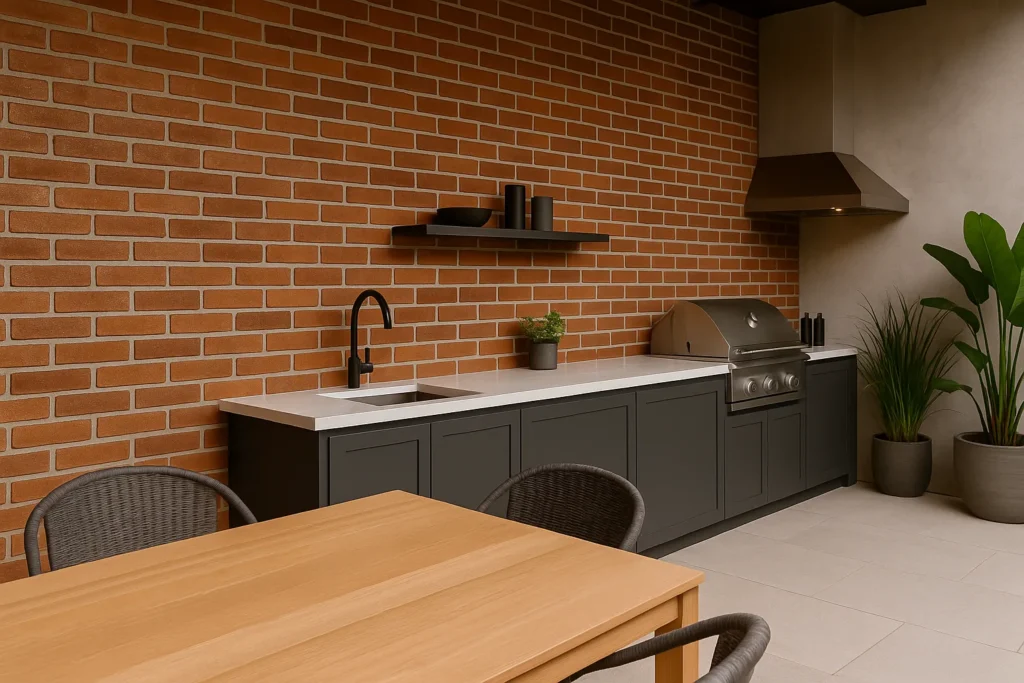 Revestimento Tijolinho de Parede: Ideias, Estilos e Inspirações para Sua Casa 5 Área externa moderna com parede de tijolinho envernizado e espaço gourmet elegante.