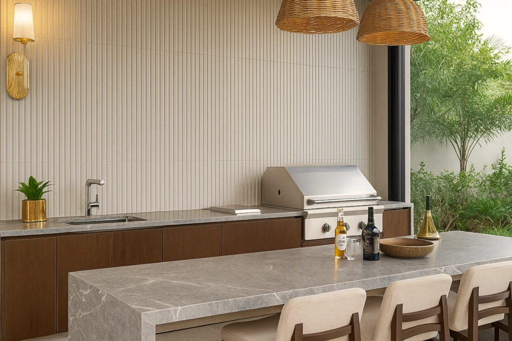 Área gourmet sofisticada com revestimento Ibirapuera Cinza Decortiles, unindo luxo e aconchego em um espaço moderno.