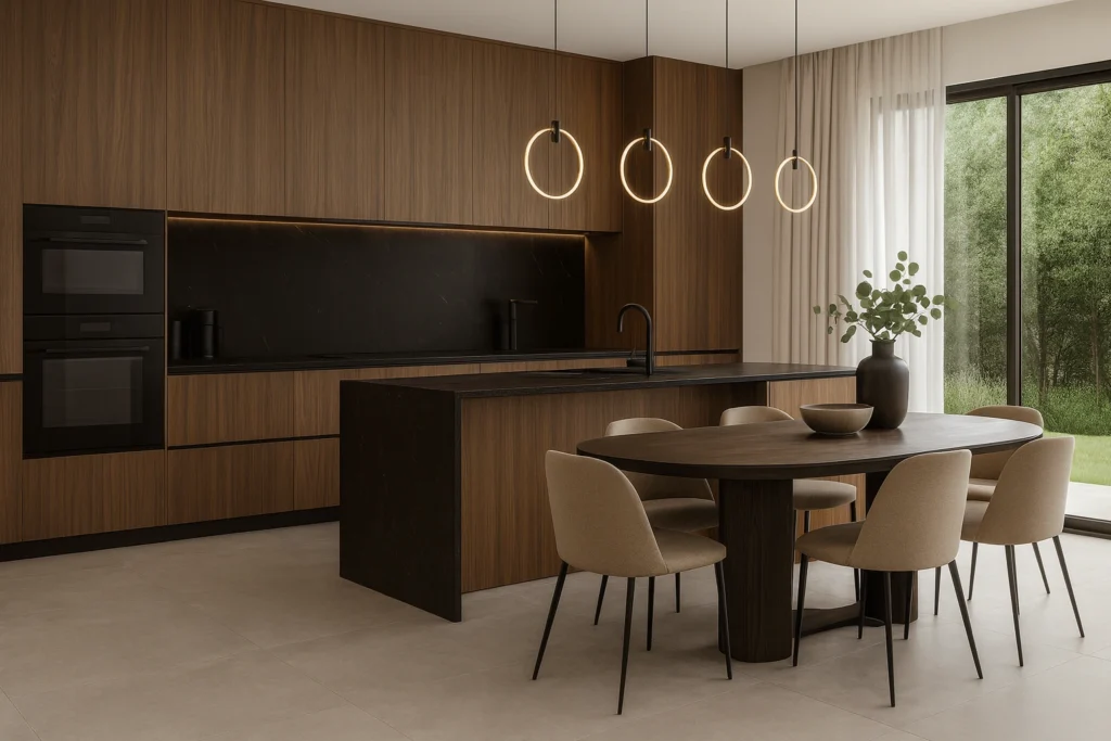 Biancogres: Porcelanatos de Qualidade e Sofisticação para Sua Obra 4 Área gourmet sofisticada com porcelanato Biancogres Cemento Grigio 60x60 Acetinado no piso, bancada preta, móveis em madeira, iluminação contemporânea e vista externa.