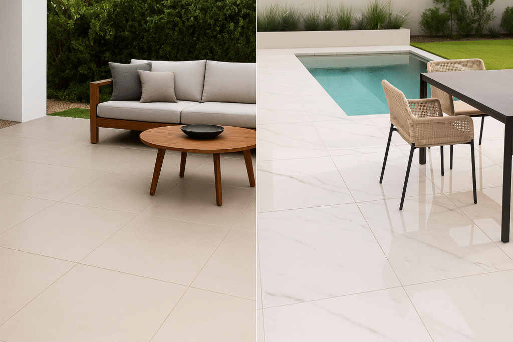 Porcelanato Polido ou Acetinado: Diferenças, Vantagens e Como Escolher 7 Comparação de áreas externas modernas com porcelanato polido e acetinado, destacando elegância e resistência em ambientes externos.
