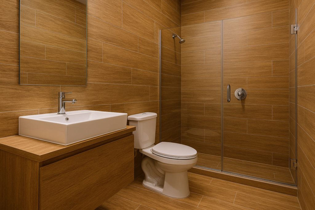 Banheiro com Piso Amadeirado: Dicas, Inspirações e Soluções Elegantes 4 Banheiro moderno com piso e parede em porcelanato amadeirado, louças brancas e metais cromados.