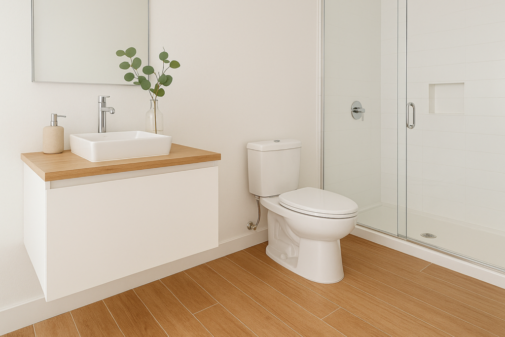 Banheiro com Piso Amadeirado: Dicas, Inspirações e Soluções Elegantes 7 Banheiro branco moderno com piso em porcelanato amadeirado claro e box de vidro transparente.