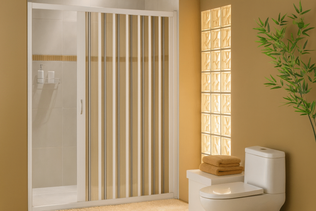 Banheiro Pequeno e Moderno: 10 Ideias Criativas para Inspirar Seu Projeto 7 Banheiro com box de correr em vidro canelado, parede em bloco de vidro e decoração em tons bege, com toalhas dobradas e planta decorativa.