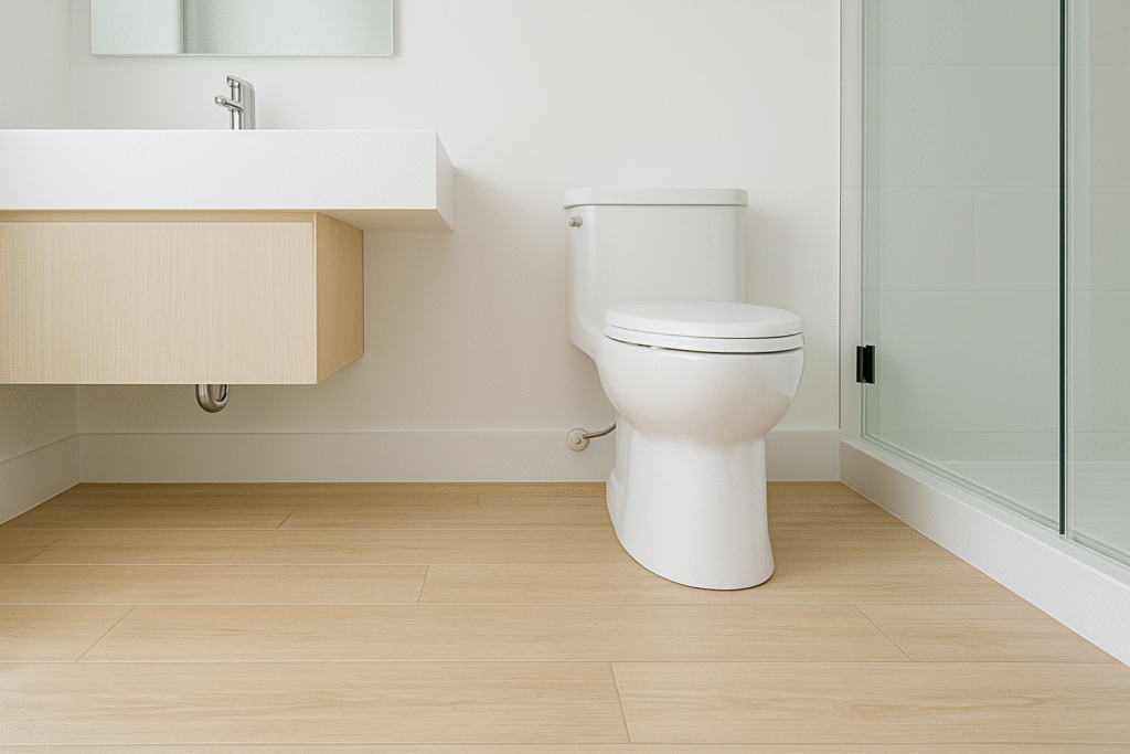 Banheiro com Piso Amadeirado: Dicas, Inspirações e Soluções Elegantes 6 Banheiro com piso amadeirado claro em destaque, bancada e parede branca, com iluminação natural suave.