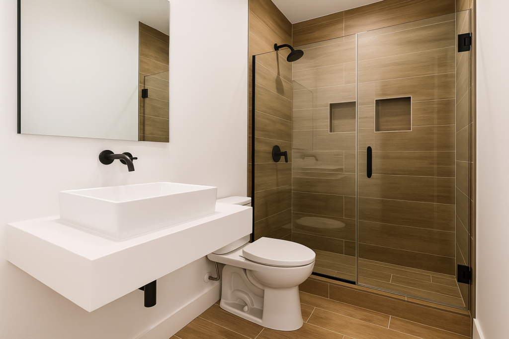 Banheiro com Piso Amadeirado: Dicas, Inspirações e Soluções Elegantes 3 Banheiro moderno com piso amadeirado no box, nichos embutidos e metais pretos de design contemporâneo.