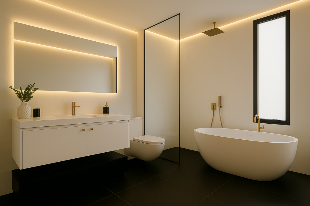 Banheiros com Porcelanato Preto: Elegância que Redefine o seu Espaço 4 Banheiro moderno com banheira de luxo, piso preto elegante, metais dourados e design minimalista.