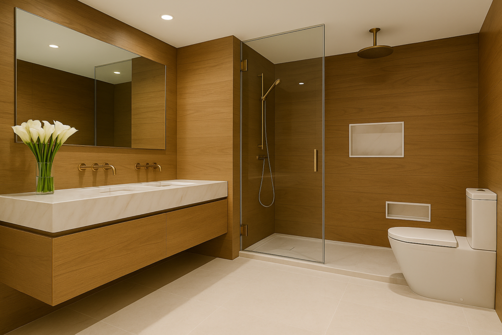 Banheiro Amadeirado com Branco: Por Que Apostar Nessa Tendência 5 Banheiro com paredes amadeiradas, piso branco em porcelanato, bancada de mármore, metais dourados e box de vidro elegante.