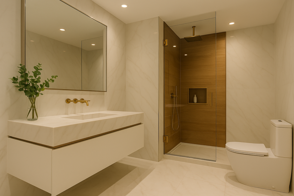 Banheiro Amadeirado com Branco: Por Que Apostar Nessa Tendência 4 Banheiro elegante com piso e paredes brancas em porcelanato, box de vidro com acabamento amadeirado, bancada em mármore branco e metais dourados sofisticados.