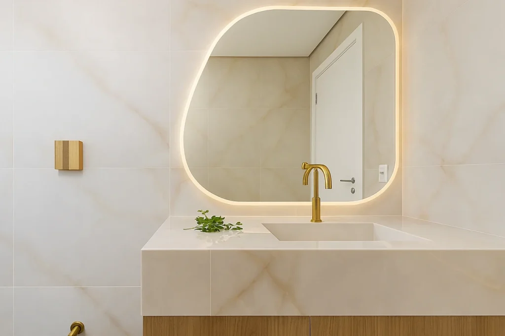 Eliane Revestimento, Pisos e Porcelanatos: Dicas para Escolher o Ideal 2 Banheiro moderno com porcelanato Onix Cristal Eliane nas paredes e piso, bancada de mármore e metais dourados.