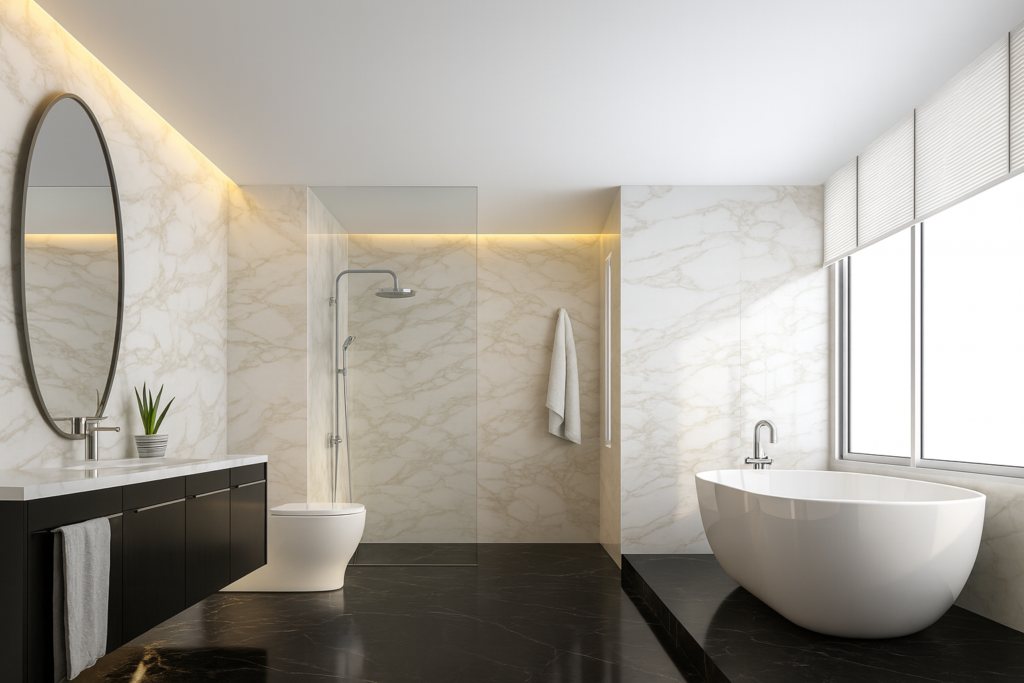 Banheiros com Porcelanato Preto: Elegância que Redefine o seu Espaço 5 Banheiro moderno de luxo com paredes em mármore branco, piso preto sofisticado, banheira contemporânea e iluminação em LED natural.
