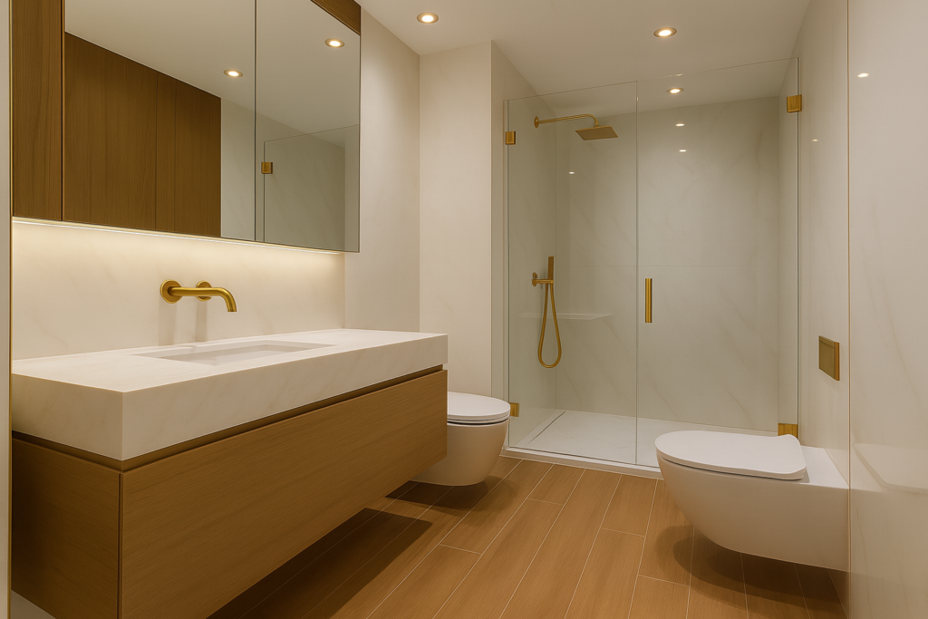 Banheiro Amadeirado com Branco: Por Que Apostar Nessa Tendência 2 Banheiro contemporâneo com piso em porcelanato amadeirado, paredes brancas, box de vidro e detalhes em dourado, criando um ambiente elegante e luxuoso.