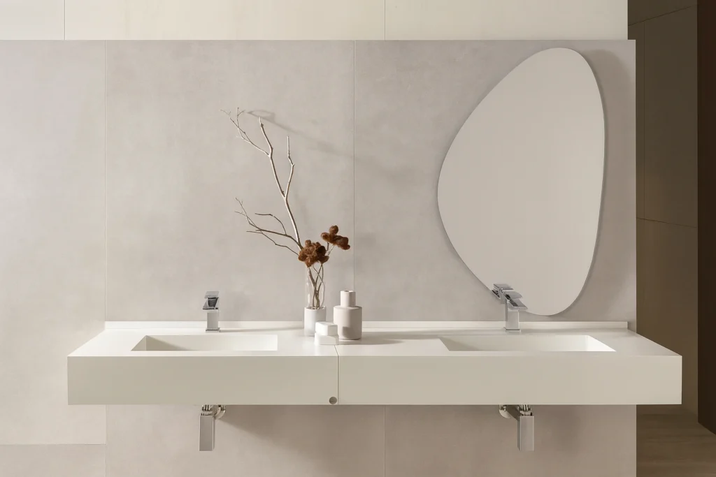 Portobello: Porcelanatos e Revestimentos de Alta Qualidade para Todos os Ambientes 2 Banheiro moderno com piso Portobello Nord Ris e bancada dupla branca