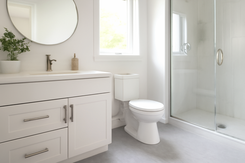 Piso Vinílico ou Laminado: Entenda a Diferenças para o Seu Ambiente 4 Banheiro moderno e minimalista com piso vinílico cinza.