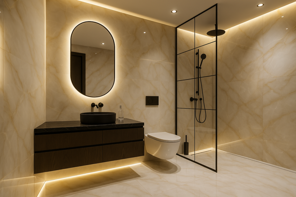 Biancogres: Porcelanatos de Qualidade e Sofisticação para Sua Obra 2 Banheiro luxuoso com porcelanato Onix Bianco Lux Polido 60x120 da Biancogres, iluminação indireta em LED, cuba esculpida, metais pretos e design contemporâneo.