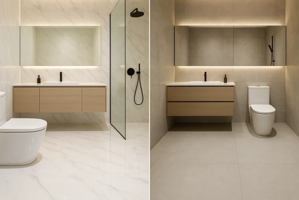 Porcelanato Polido ou Acetinado: Diferenças, Vantagens e Como Escolher 5 Banheiro moderno com porcelanato polido e acetinado lado a lado