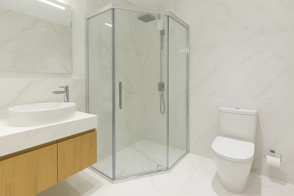 Portobello: Porcelanatos e Revestimentos de Alta Qualidade para Todos os Ambientes 9 Banheiro moderno com porcelanato Portobello Michelangelo, elegância e sofisticação no revestimento.