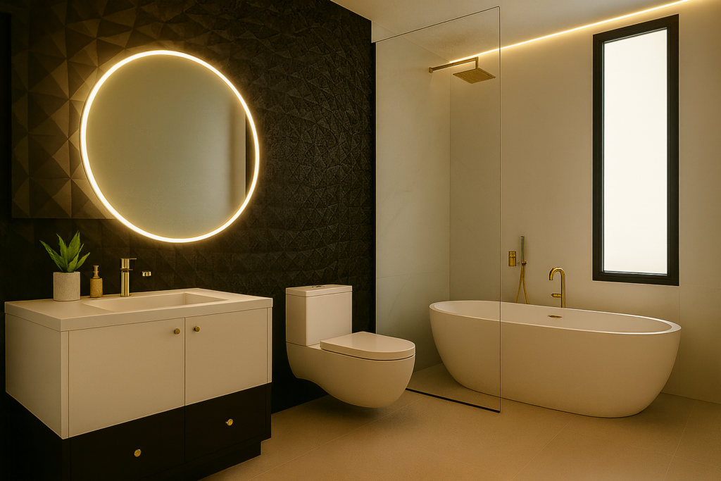 Banheiros com Porcelanato Preto: Elegância que Redefine o seu Espaço 3 Banheiro moderno com revestimento 3D preto e porcelanato branco atrás da pia e porcelanato branco nas demais paredes, incluindo banheira elegante e espelho iluminado.