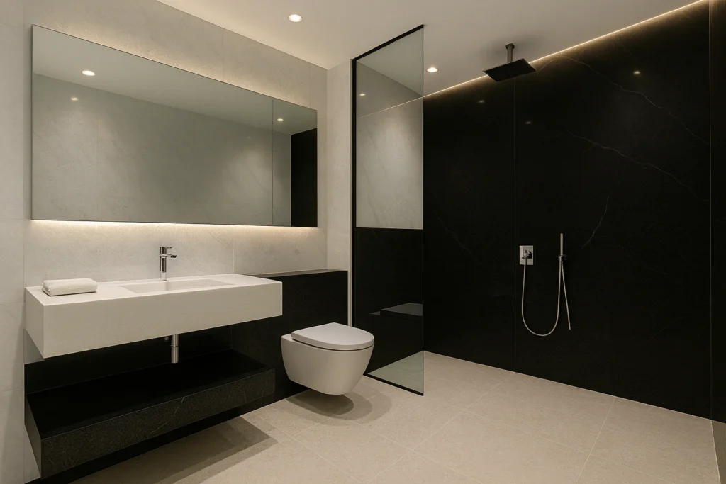 Banheiros com Porcelanato Preto: Elegância que Redefine o seu Espaço 2 Banheiros com porcelanato preto e branco dividido nas paredes, bancada clean, piso claro e iluminação em LED, criando um ambiente sofisticado.