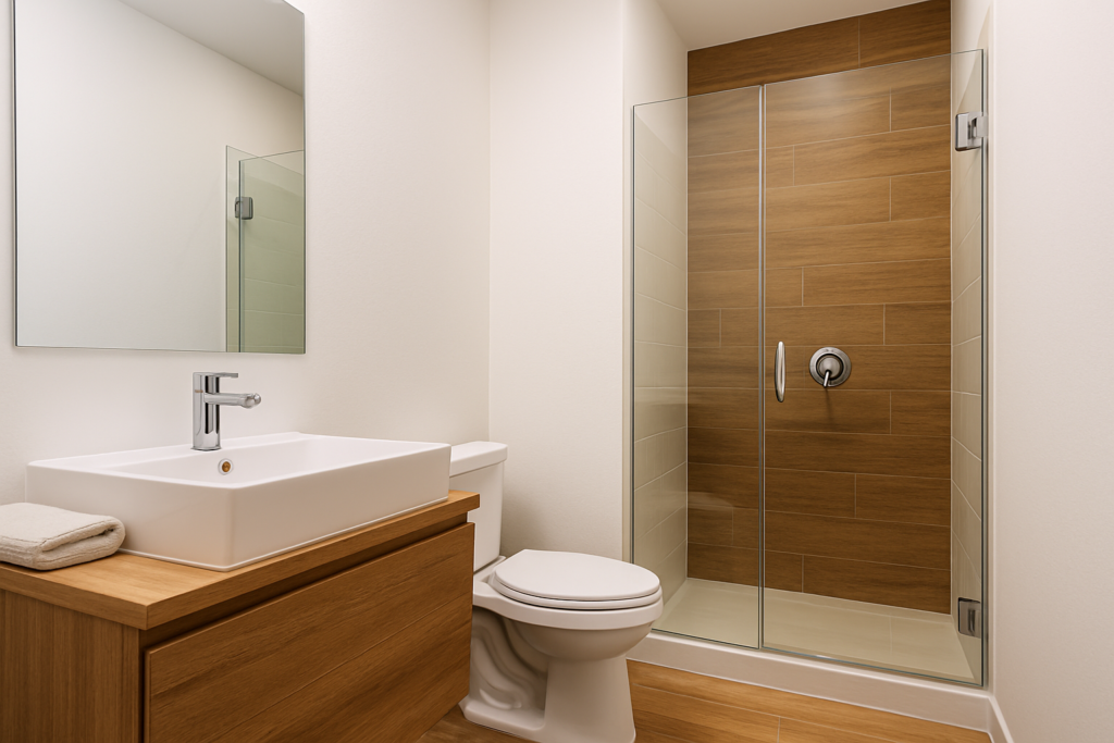 Banheiro com Piso Amadeirado: Dicas, Inspirações e Soluções Elegantes 2 Banheiro pequeno com piso de porcelanato amadeirado, parede branca e detalhe amadeirado no box.