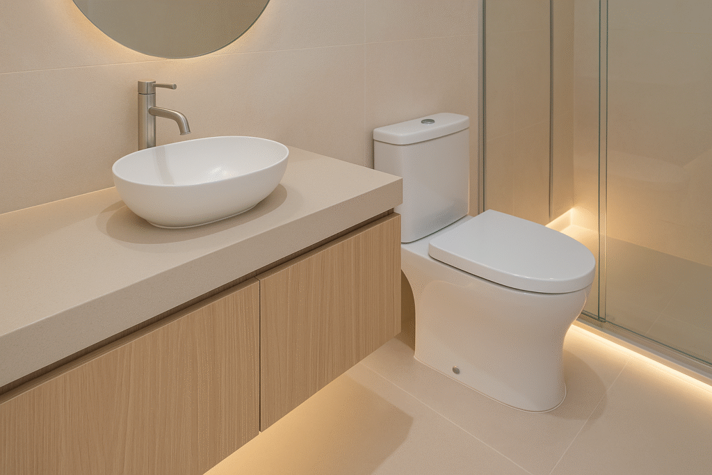 Banheiro Pequeno e Moderno: 10 Ideias Criativas para Inspirar Seu Projeto 6 Banheiro pequeno moderno com cuba de apoio branca, vaso sanitário slim e iluminação em LED sob a bancada e no box.