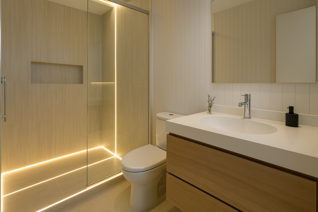 Banheiro Pequeno e Moderno: 10 Ideias Criativas para Inspirar Seu Projeto 5 Banheiro pequeno moderno com fitas de LED no box e sob a bancada, revestimento bege e bancada em madeira clara com cuba branca.