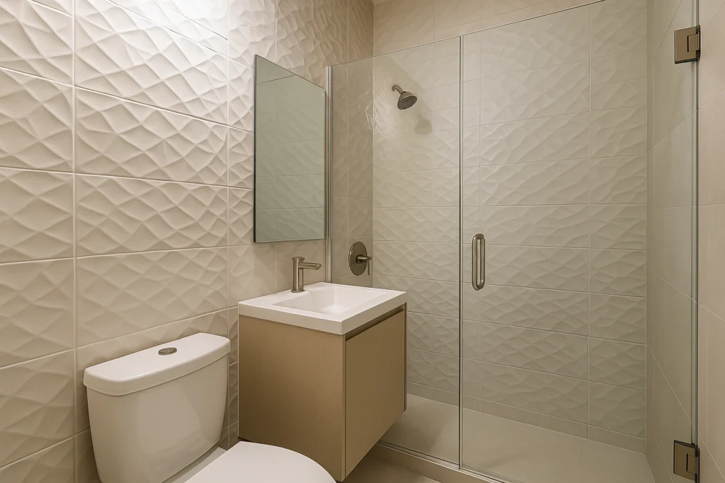 Revestimento Decorativo: transforme cada ambiente com estilo e personalidade 2 Banheiro pequeno com revestimento 3D em tons claros e acabamento realista