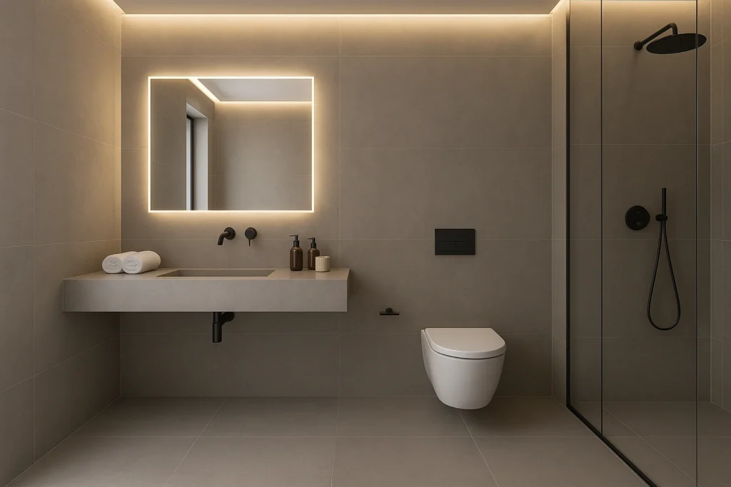 Porcelanato Cimentício: Como Escolher o Modelo para Cada Ambiente 4 Banheiro sofisticado com porcelanato Absolut Cimento AC 90x90, iluminação LED embutida e espelho retroiluminado
