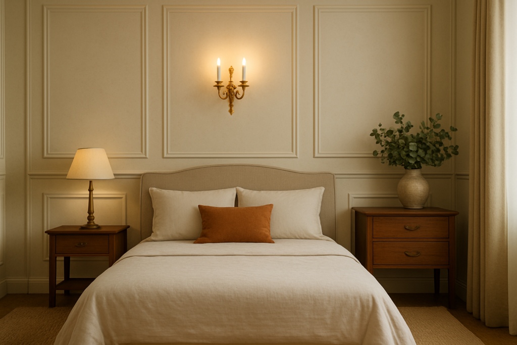 Quarto elegante com boiserie na parede, cama com cabeceira estofada, criados-mudos de madeira e iluminação suave.