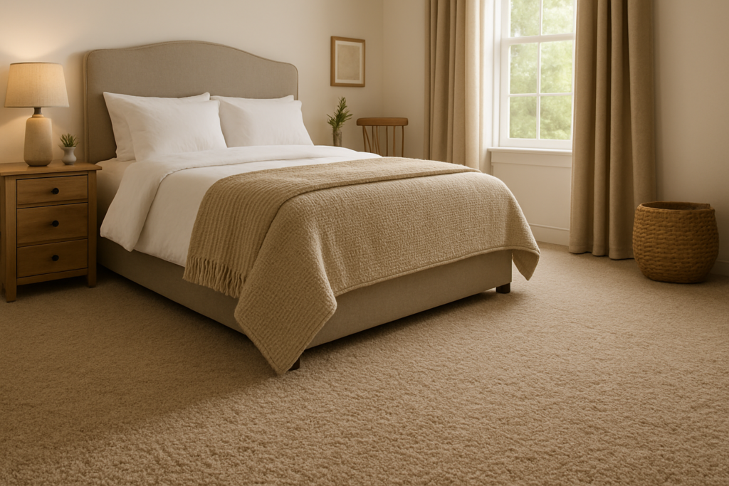 Quarto moderno com carpete bege aconchegante, cama com cabeceira estofada e cortinas claras.