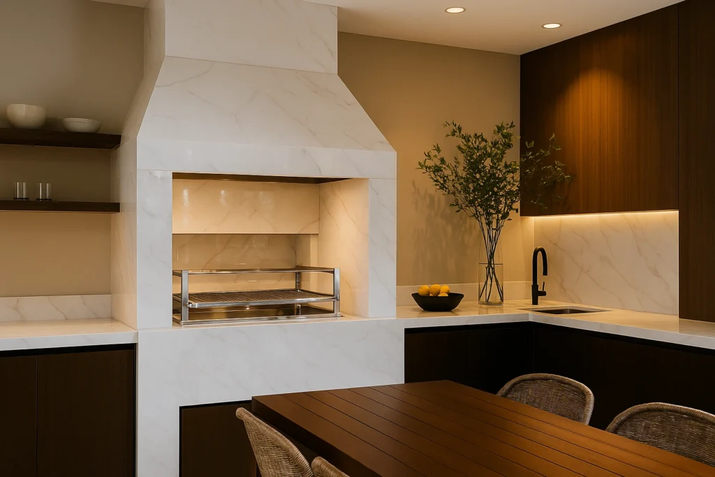 Churrasqueira de Porcelanato: Revestimentos que Unem Estilo e Durabilidade 3 Área gourmet sofisticada com churrasqueira revestida em porcelanato branco com brilho, bancada moderna e detalhes em madeira.