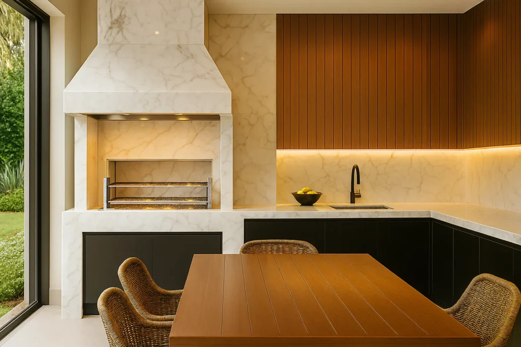 Churrasqueira de Porcelanato: Revestimentos que Unem Estilo e Durabilidade 4 Área gourmet elegante com churrasqueira revestida em porcelanato marmorizado brilhante, bancada moderna e detalhes luxuosos em madeira.