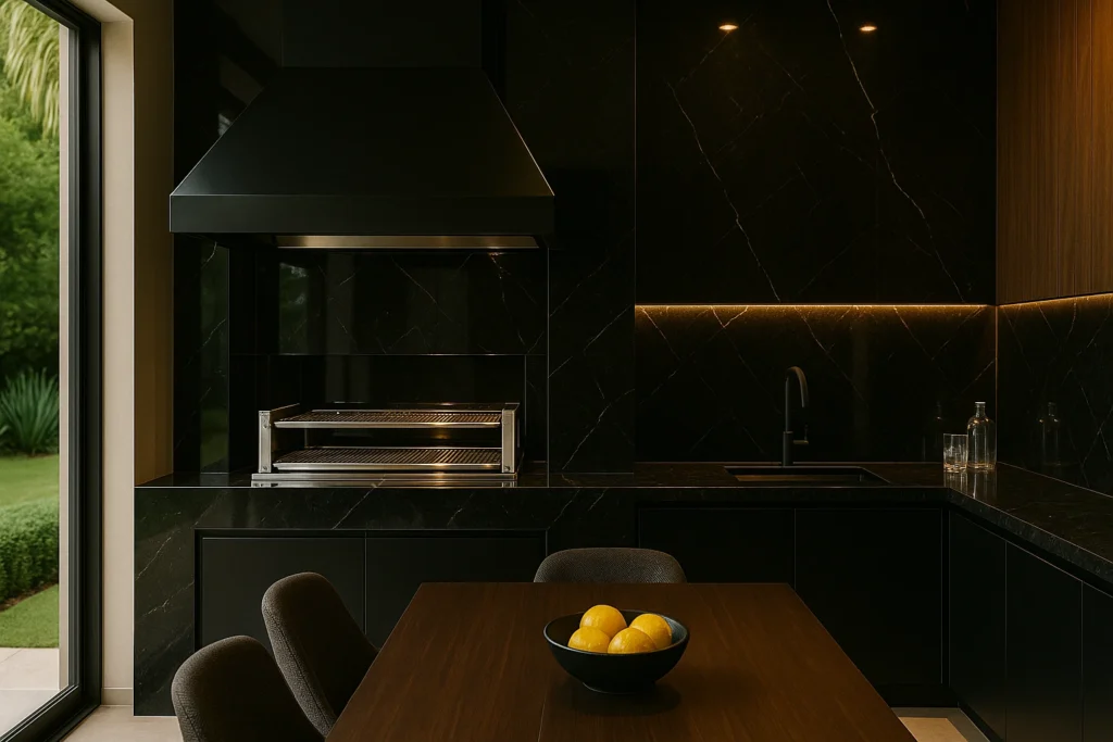 Churrasqueira de Porcelanato: Revestimentos que Unem Estilo e Durabilidade 2 Área gourmet elegante com churrasqueira revestida em porcelanato preto brilhante, bancada moderna e iluminação aconchegante.